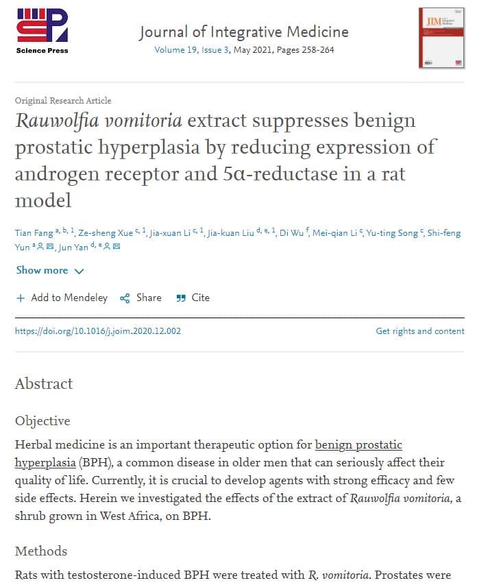 Rauwolfia Vomitoria Extract Suppresses Benign Prostatic Hyperplasia (BPH)