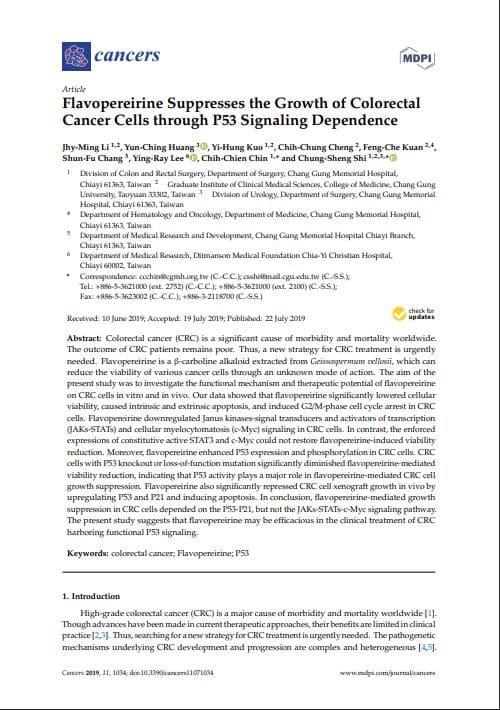 Flavopereirine Suppresses the Growth of Colorectal Cancer Cells through P53 Signaling Dependence