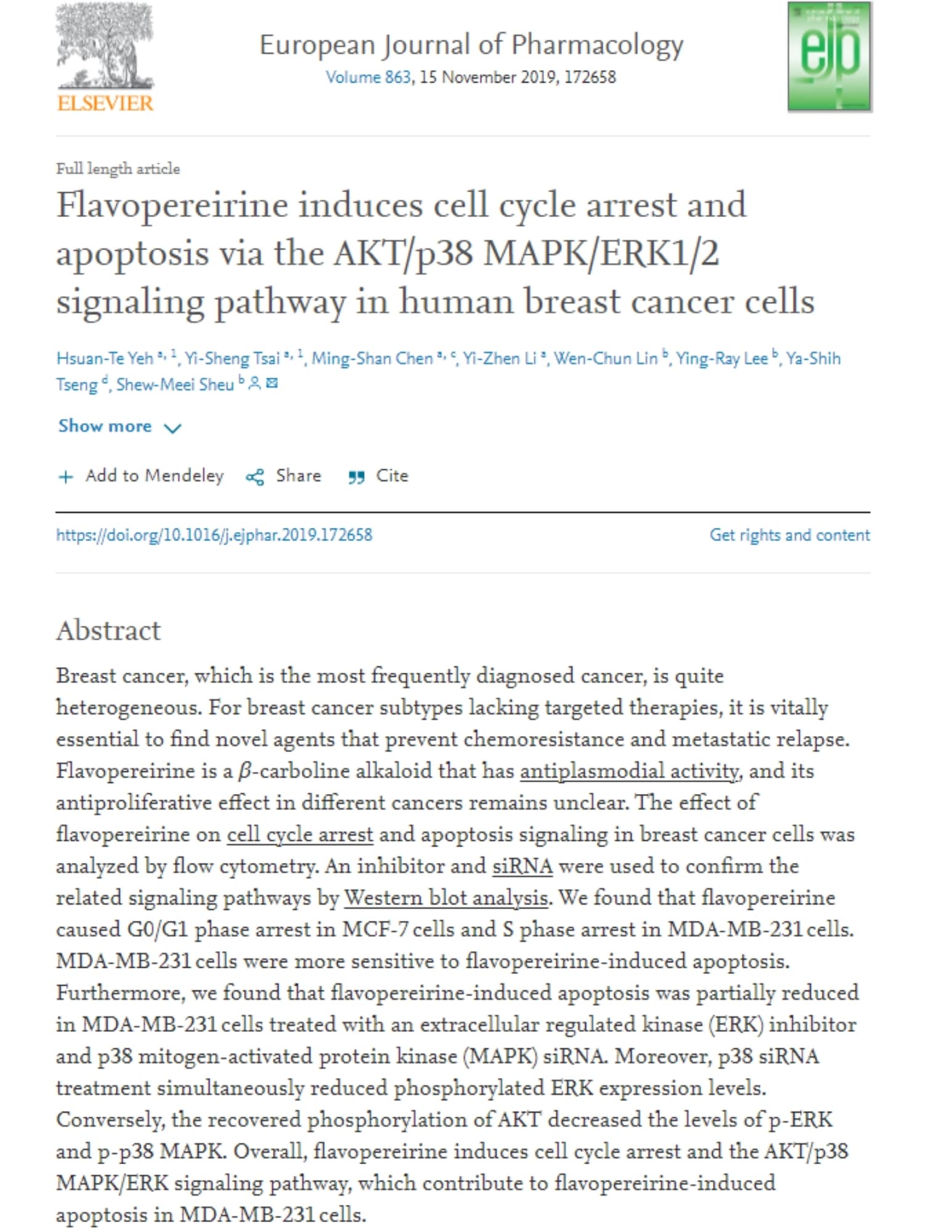 Flavopereirine induces cell cycle arrest and apoptosis via the AKT/p38 MAPK/ERK1/2 signaling pathway in human breast cancer cells