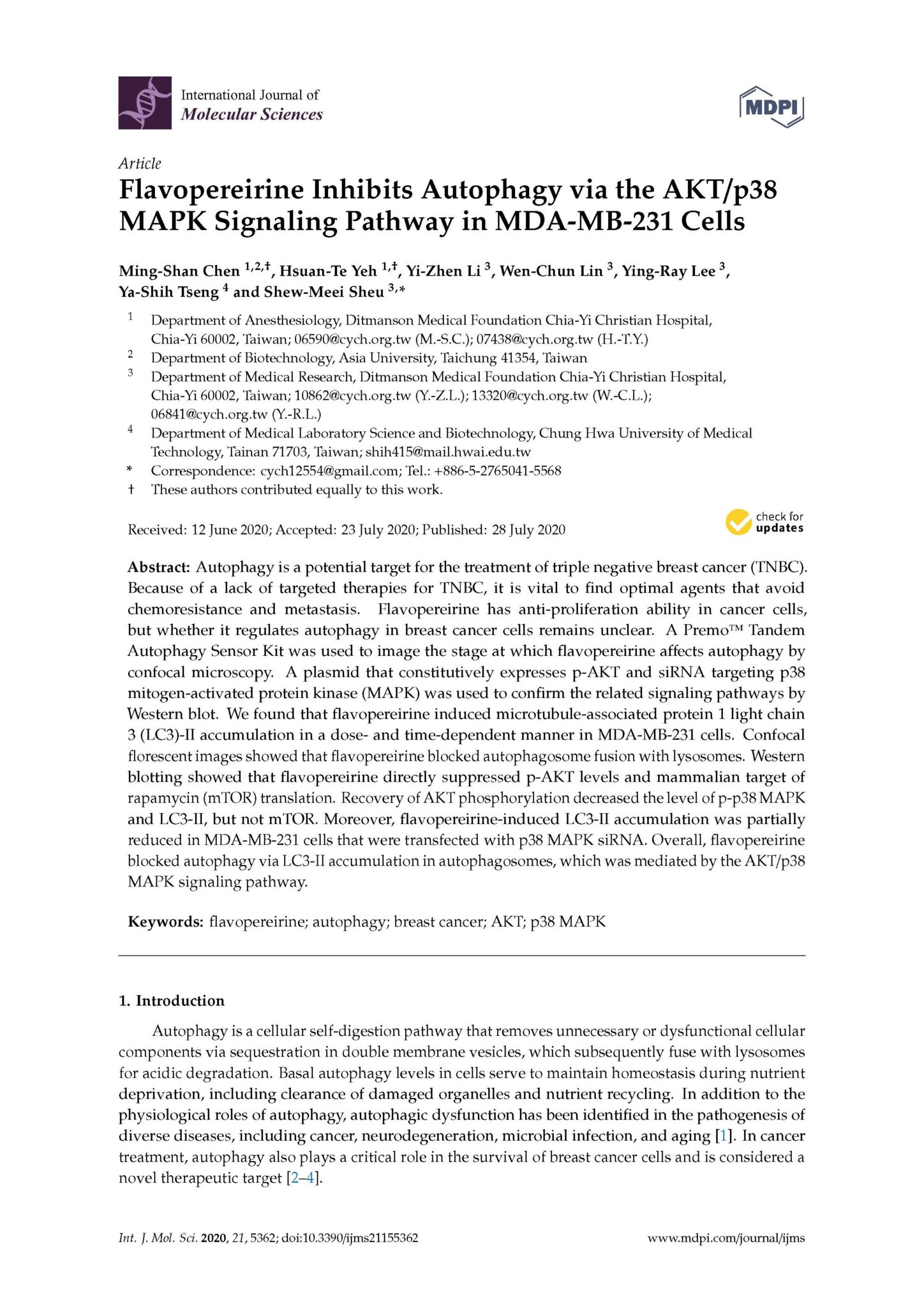 Flavopereirine Inhibits Autophagy via the AKT/p38 MAPK Signaling Pathway in MDA-MB-231 Cells