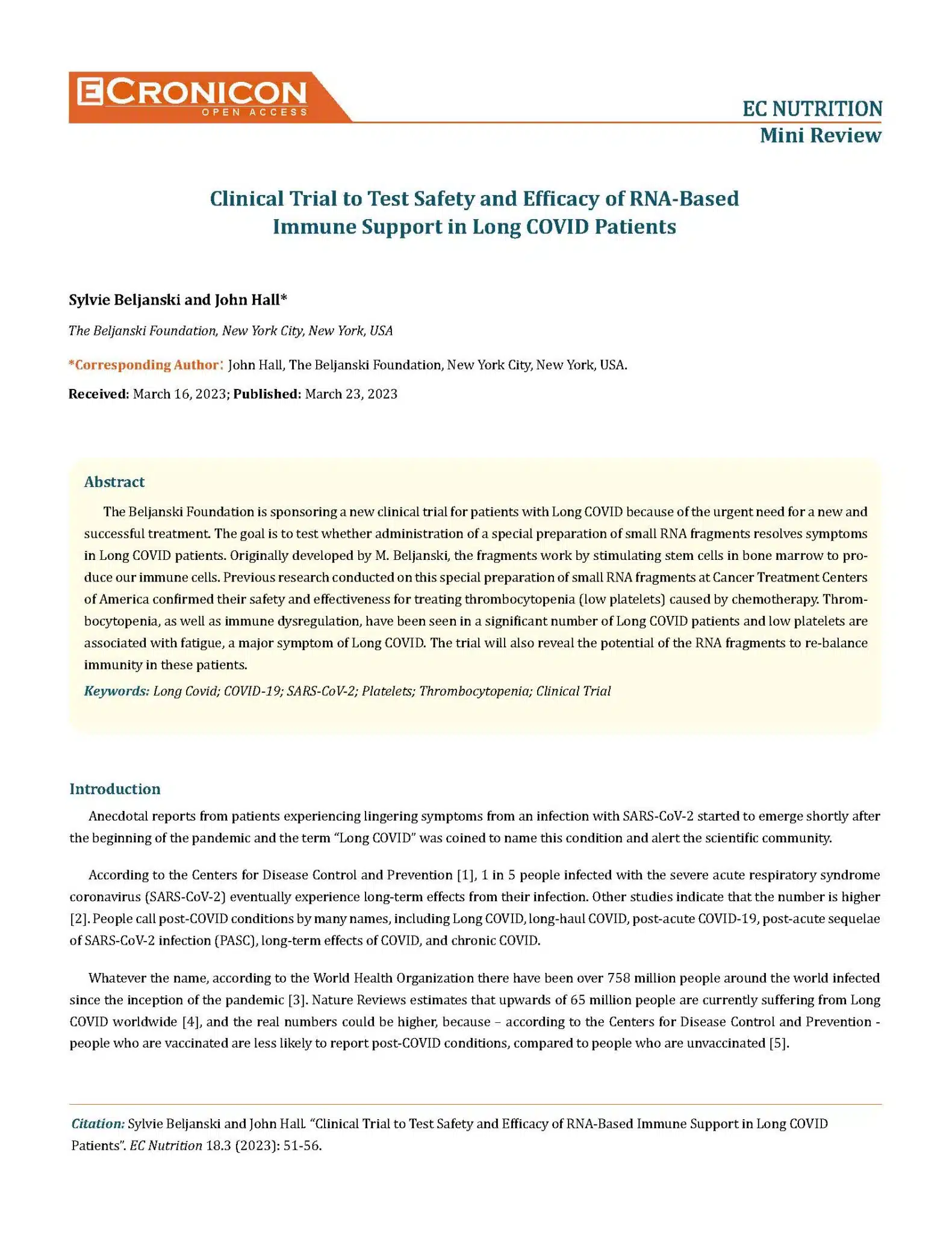 Clinical Trial to Test Safety and Efficacy of RNA-Based Immune Support in Long COVID Patients